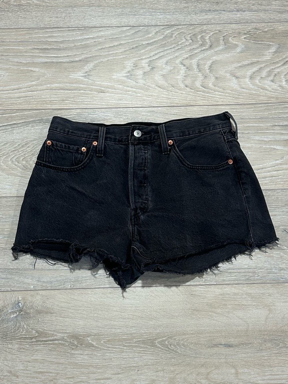 Levi’s 501 Black Cutoff Denim Shorts Size 30 High Rise Raw Hem